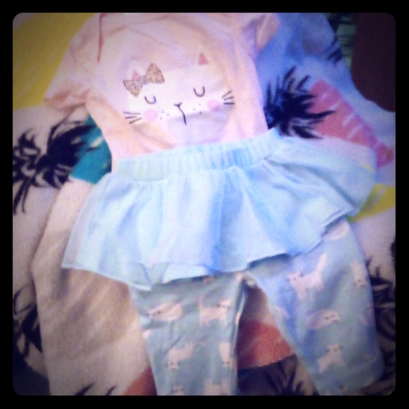 Onesie with a cat on it and a pair of pants with a - Picture 1 of 5